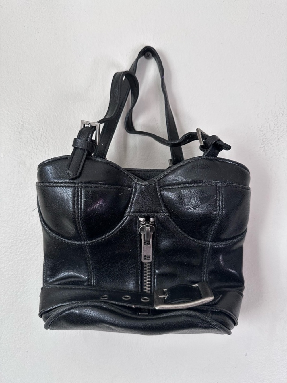 Black Faux Leather Bustier Crossbody Bag with Front Zip